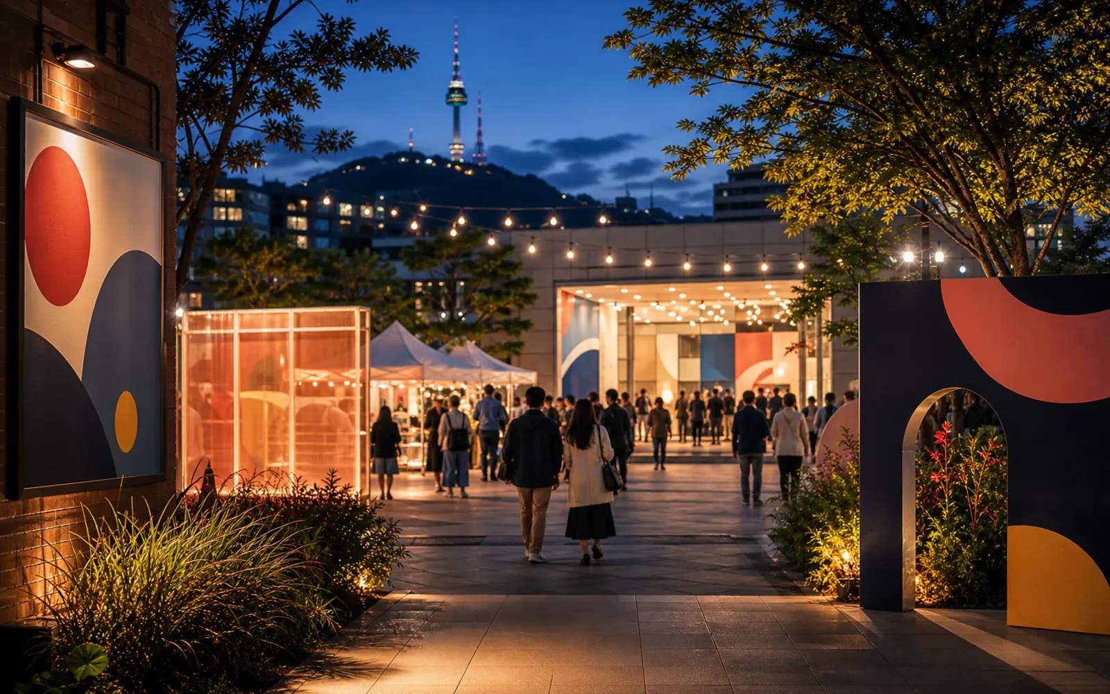 An evening cultural event entrance in Seoul with warm lights and people arriving