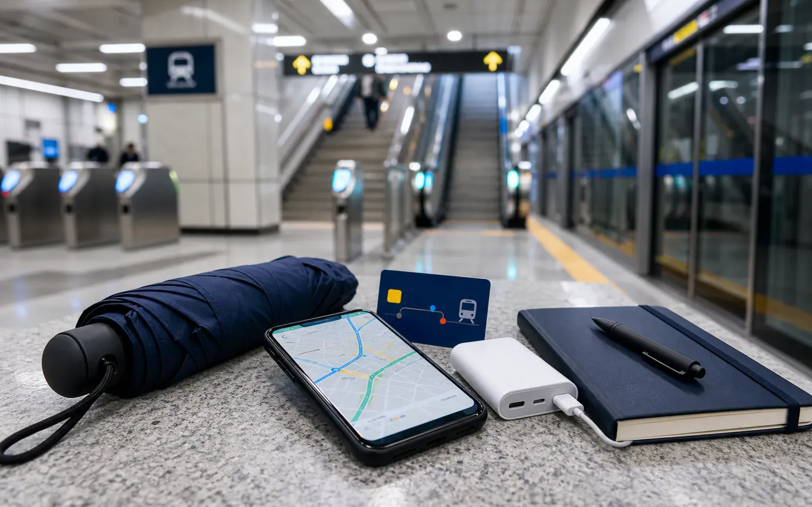 Travel essentials on a subway station table including a transit card, umbrella, and phone map