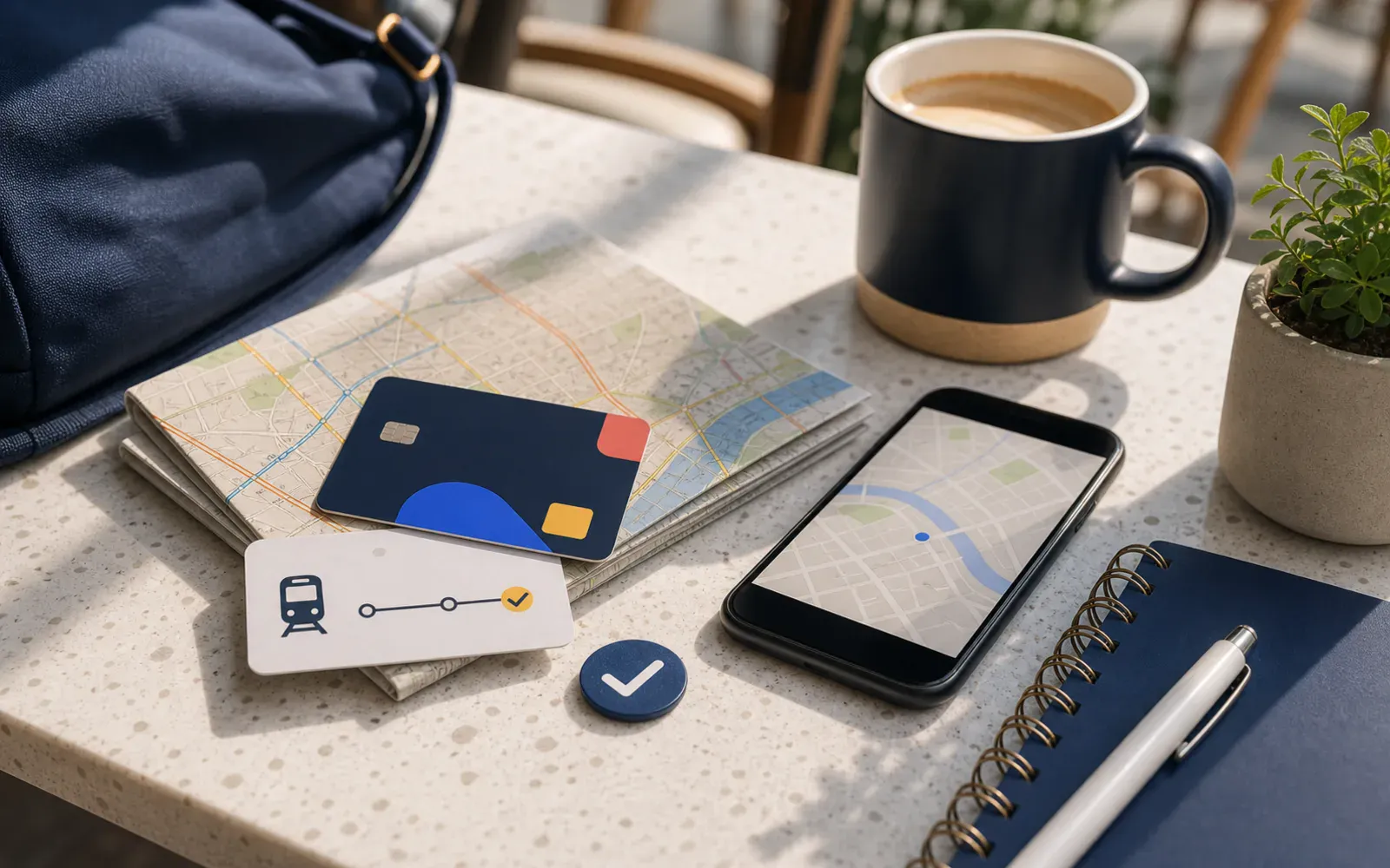 Travel cards, tickets, a city map, and a phone arranged on a cafe table
