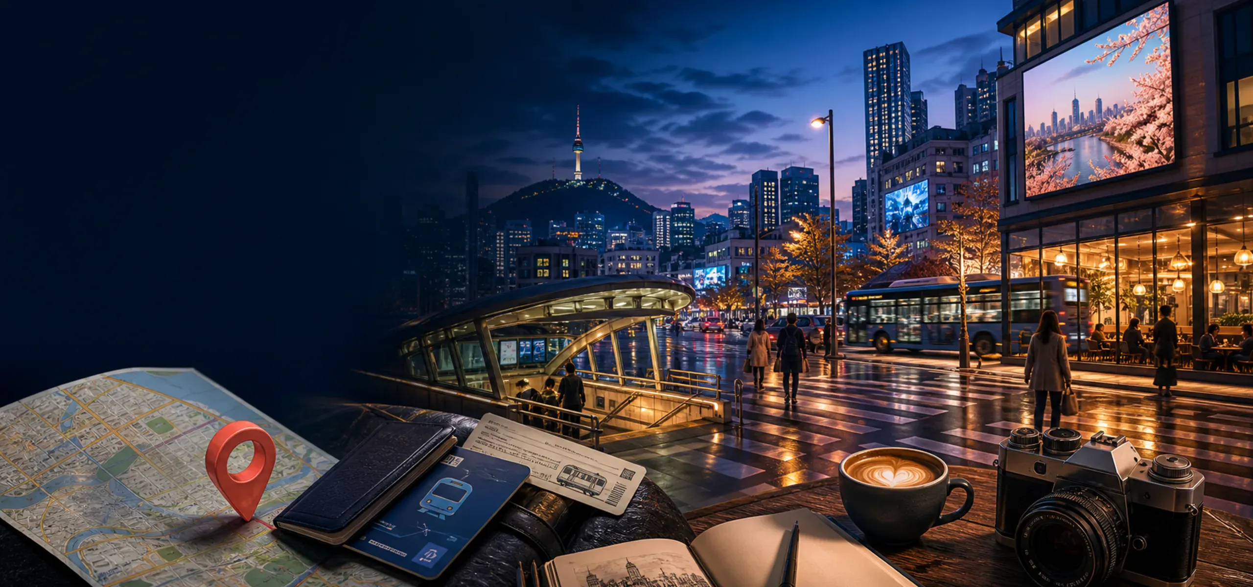 A cinematic evening view of Seoul with a subway entrance, city lights, cafe windows, and travel objects