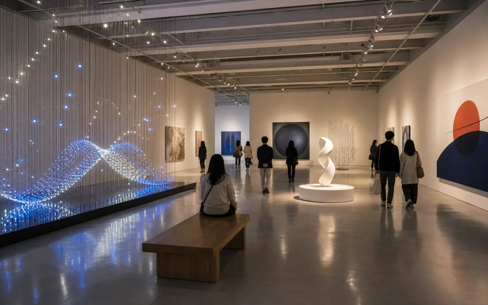 A calm Seoul art exhibition space with visitors viewing modern installations