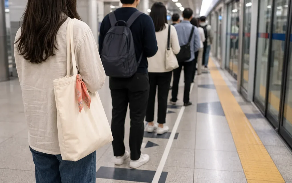 Visitors moving through a calm public space in Korea with clear walking paths