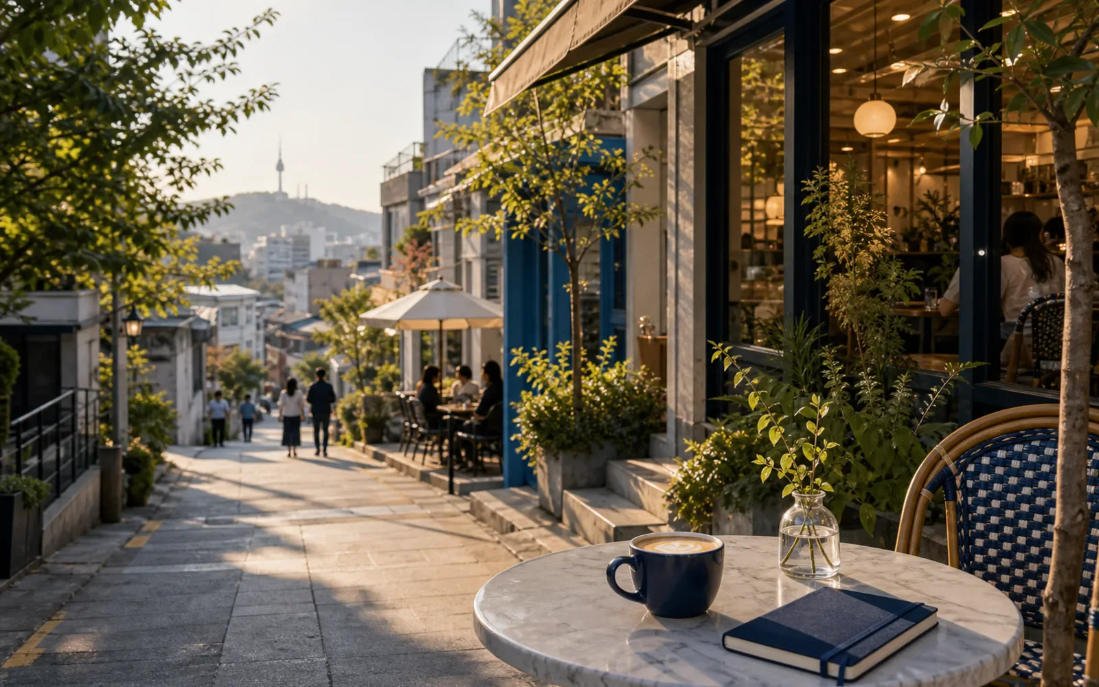 A warm cafe street in Seoul with outdoor seating and soft afternoon light