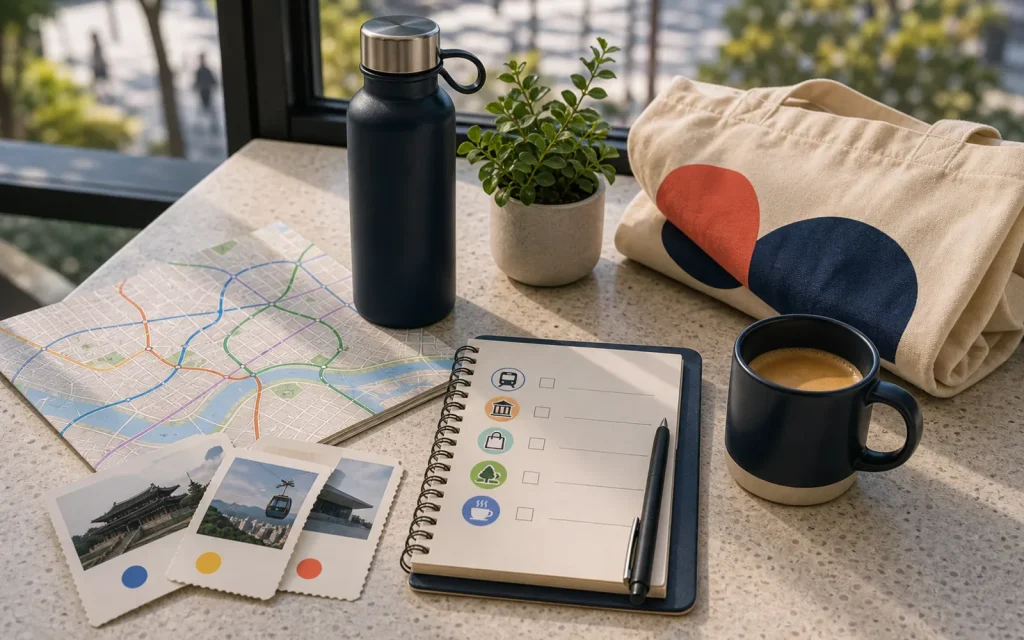 A neat travel planning table with tickets, a map, and small savings notes without readable text