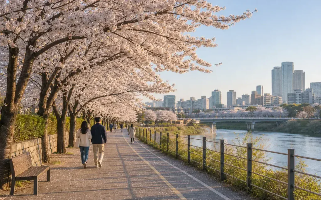 Cherry blossoms along a Seoul walking path with soft spring light
