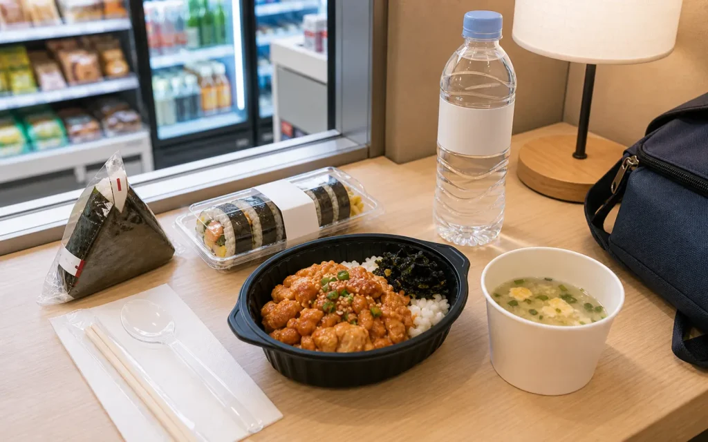 A neat convenience store meal setup in Korea with rice, snacks, and a drink