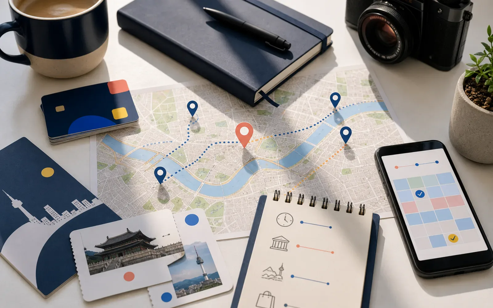 A simple travel pass setup with Seoul attractions represented by map markers