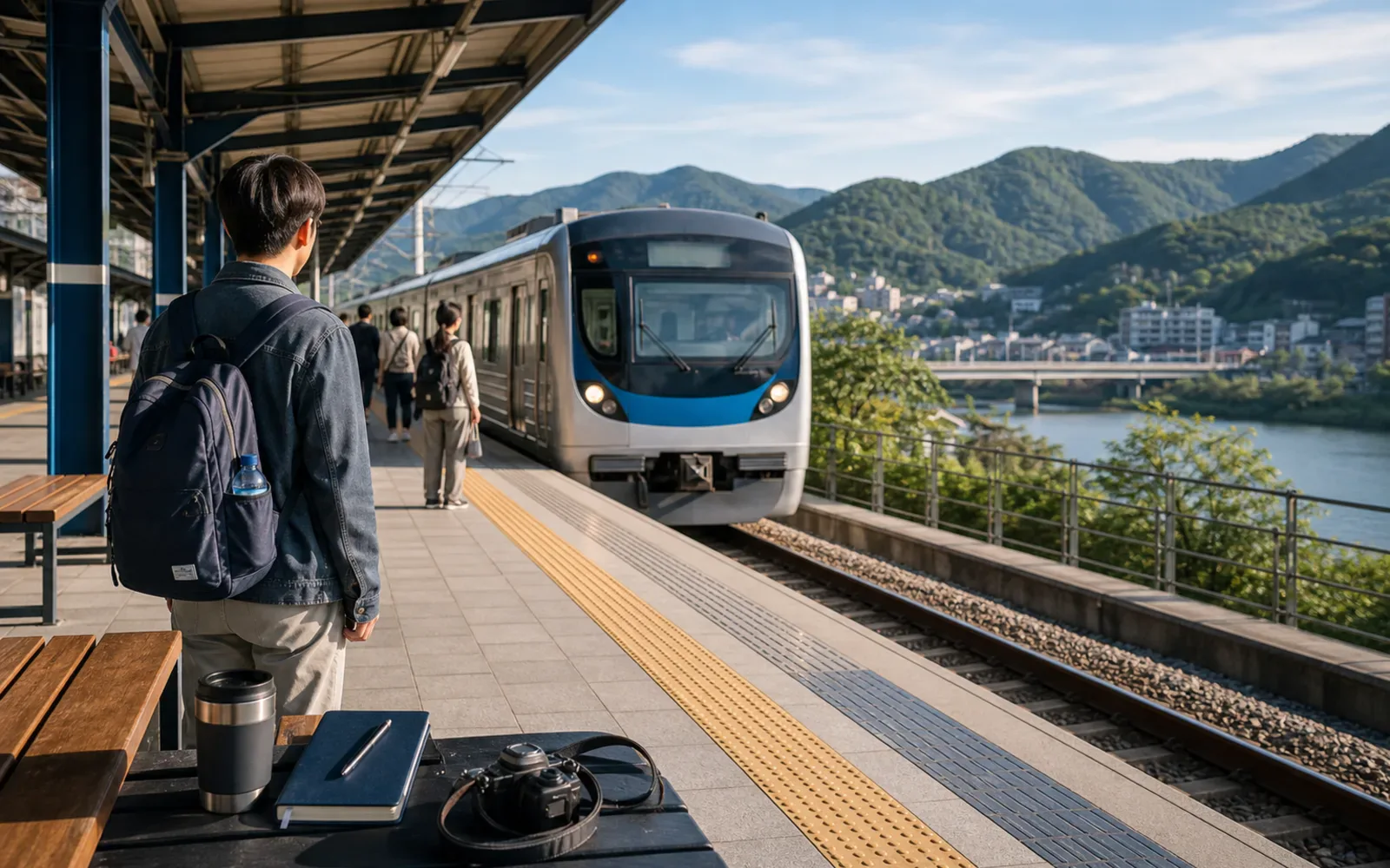 A train platform near Seoul with travelers preparing for a simple day trip