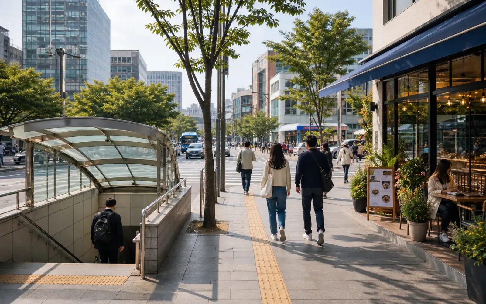 A lively but easy-to-navigate Seoul street with cafes and subway access nearby