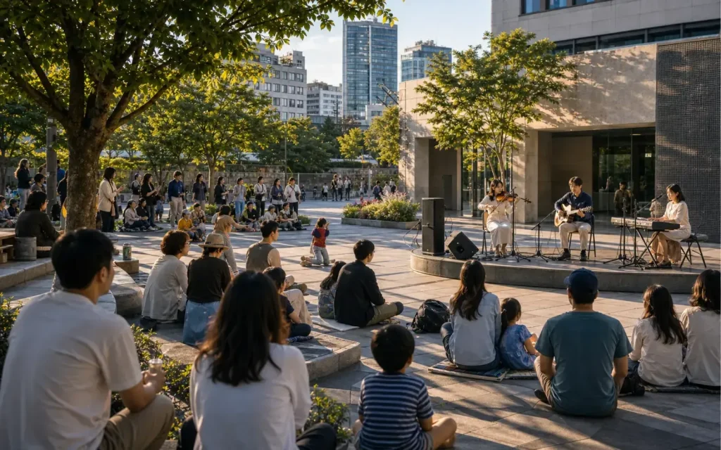 A free outdoor cultural event in Seoul with soft lights and people gathering