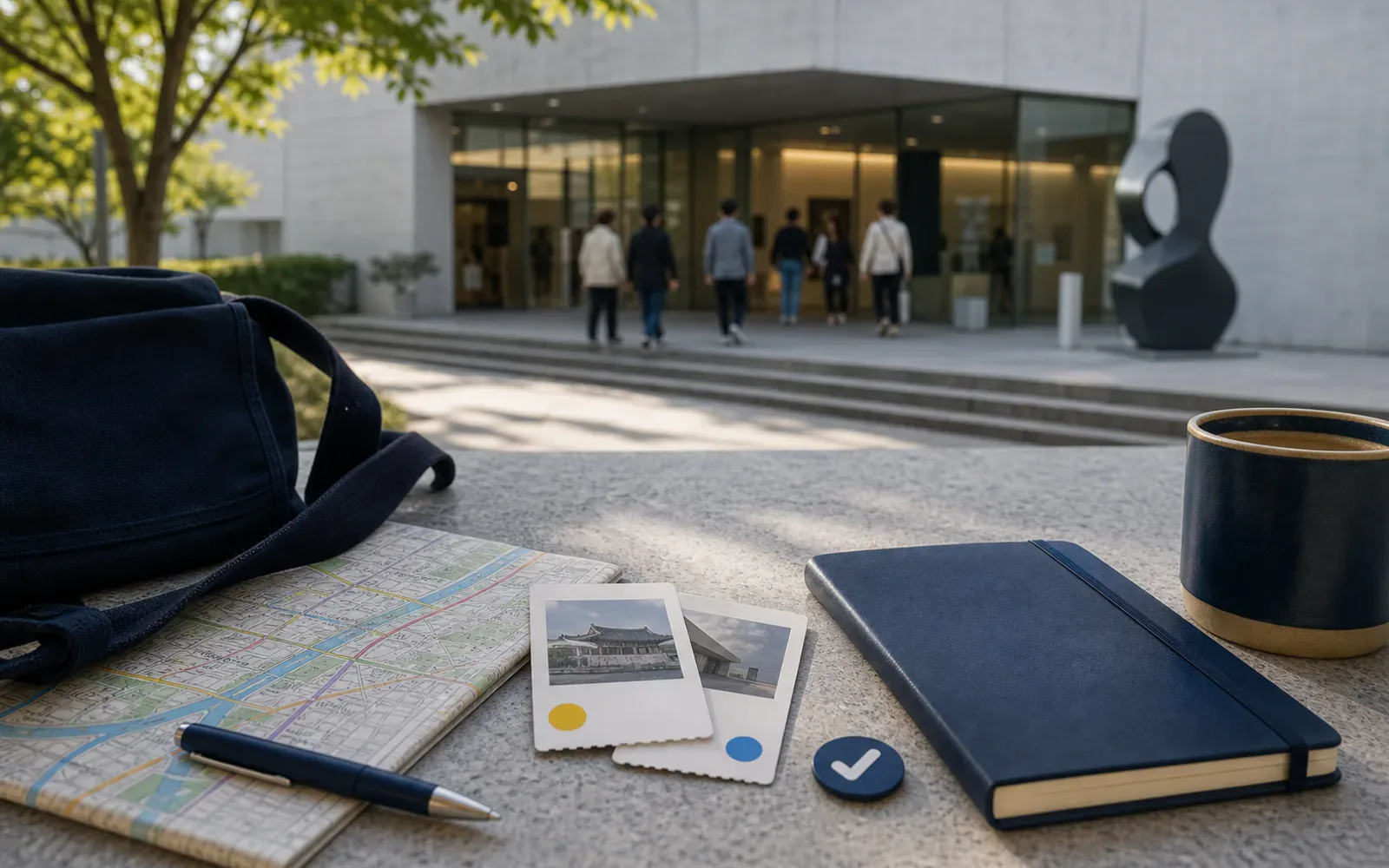 Museum tickets, a city map, and a check mark pin on a clean table