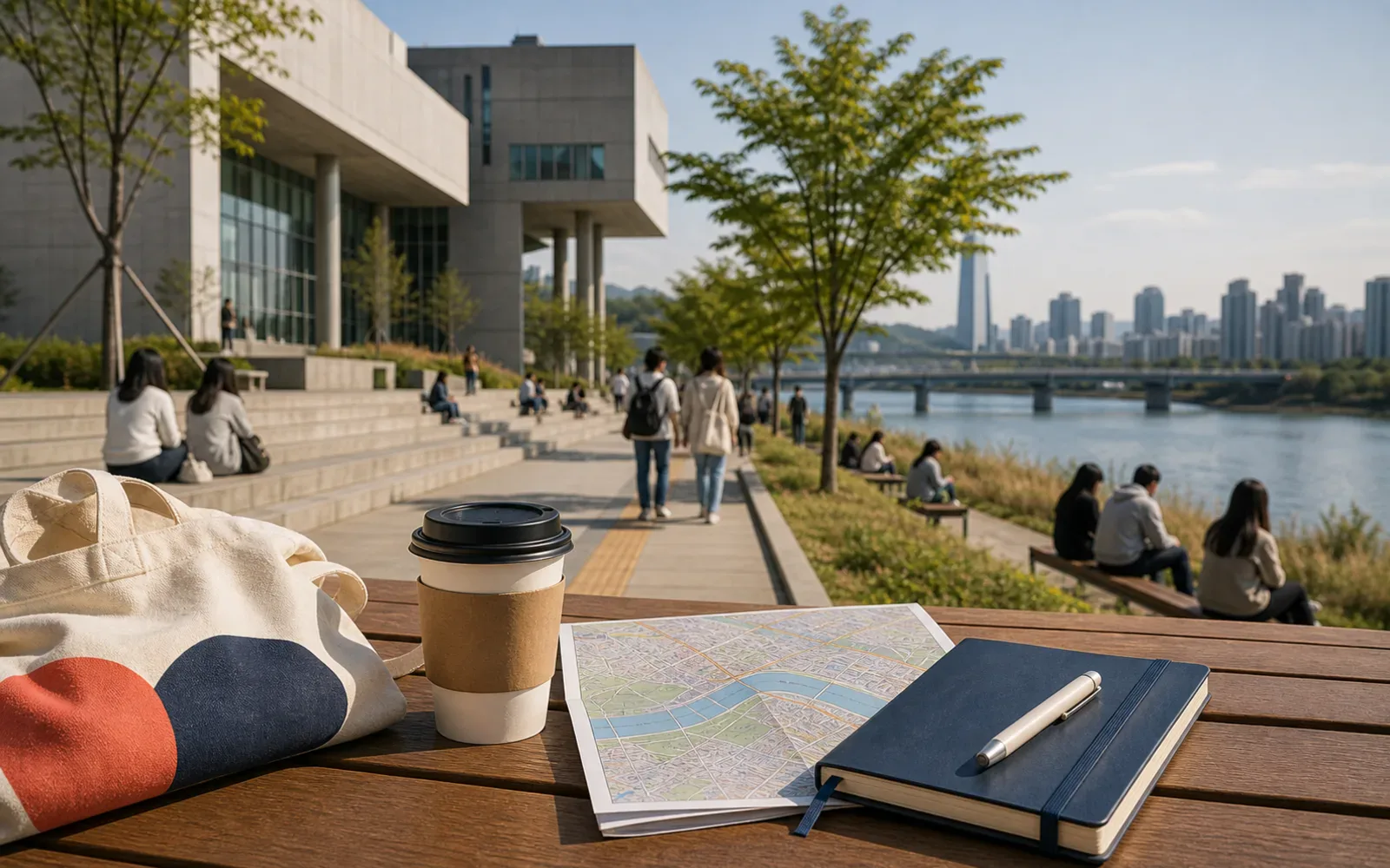 A low-cost Seoul day plan with a city map, public space, and warm afternoon light
