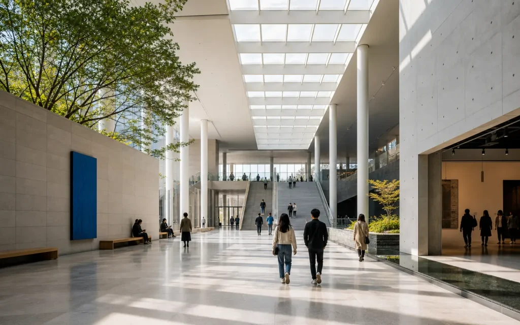 A modern museum lobby in Seoul with calm lighting and visitors walking through