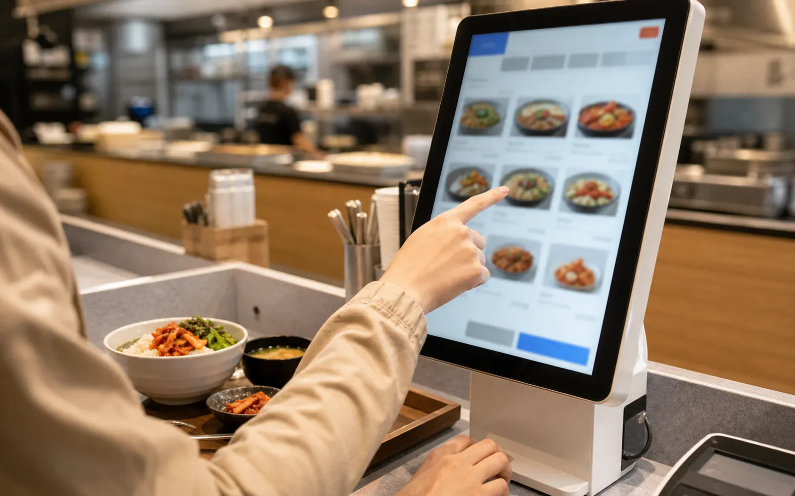 A restaurant table in Korea with a simple meal and a phone used for ordering help