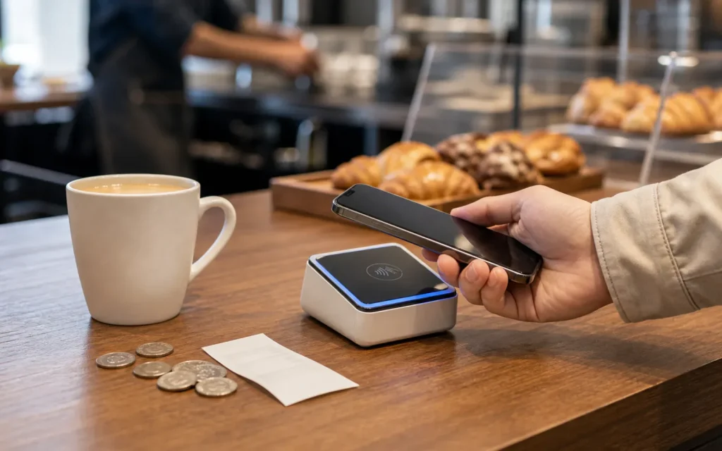 A visitor paying at a clean cafe counter in Korea with a phone and transit card nearby