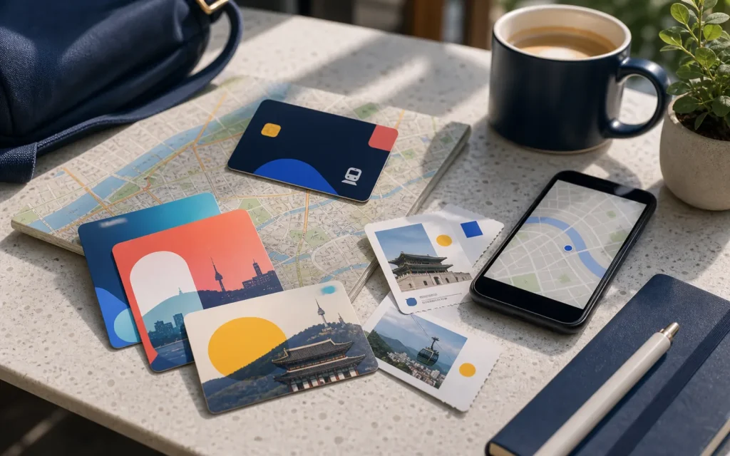 Travel pass cards and tickets arranged beside a city map and phone
