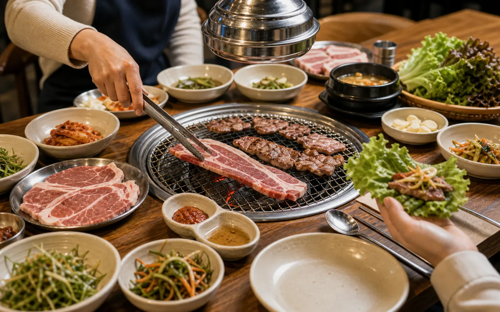 A Korean barbecue table set for first-time diners with side dishes and grill tools
