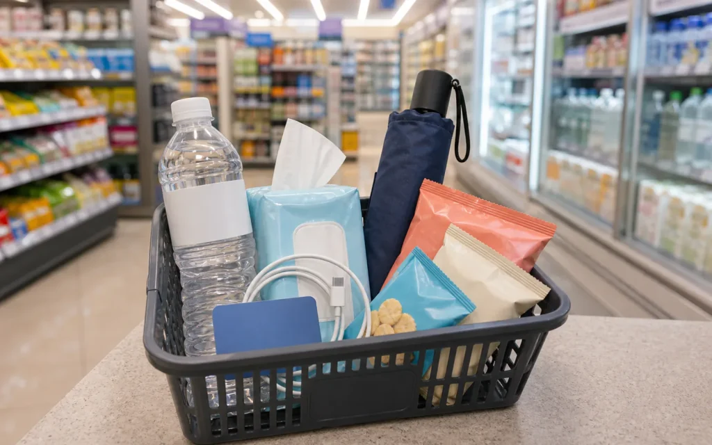 A clean convenience store corner in Korea with travel essentials and quick meal items
