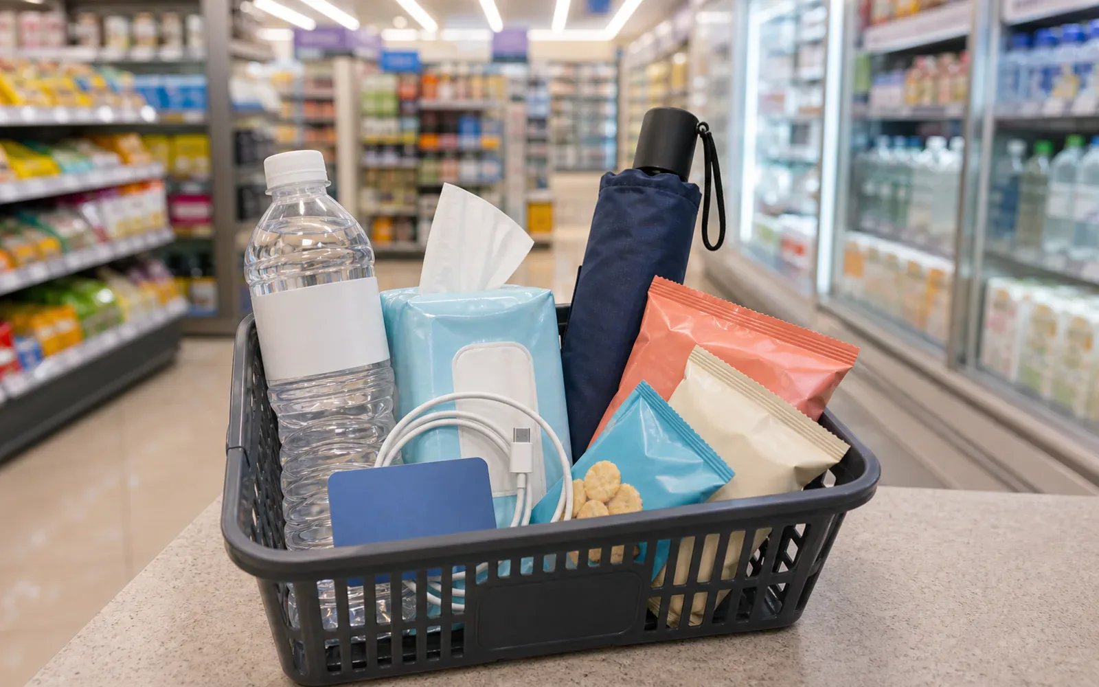 A clean convenience store corner in Korea with travel essentials and quick meal items
