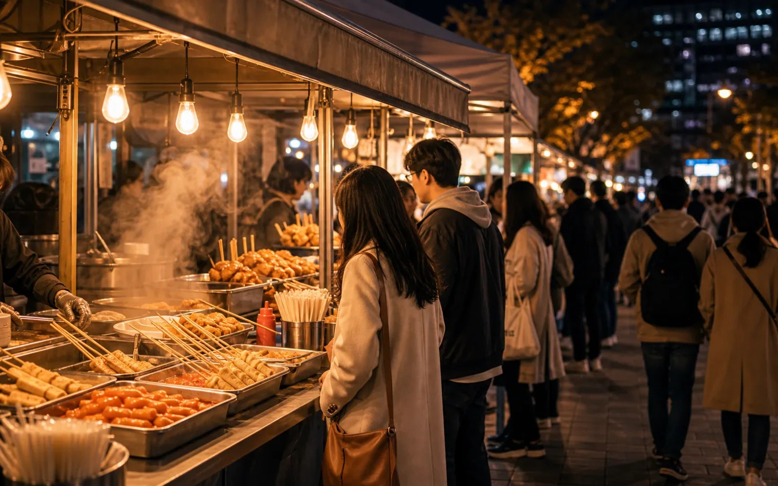 A clean Korean street food stall area with warm lights and visitors browsing