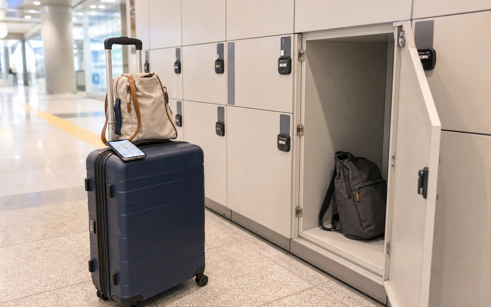 Travel luggage near a clean Seoul station storage area with soft lighting
