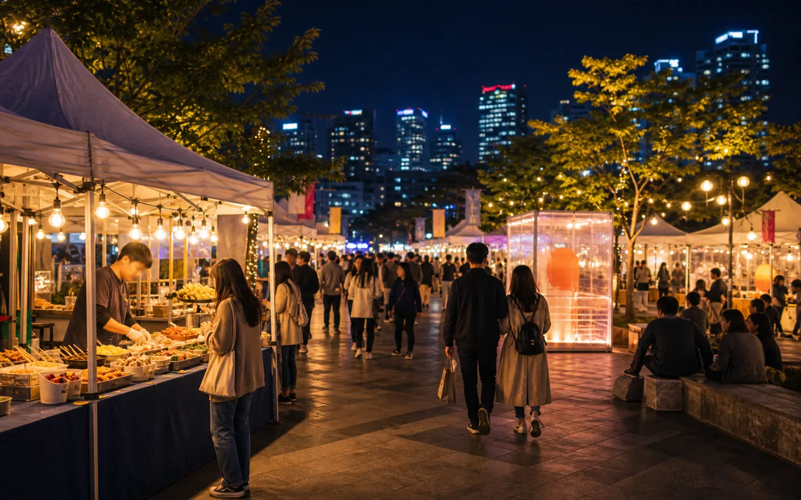 An outdoor evening market in Seoul with warm food stalls and people walking