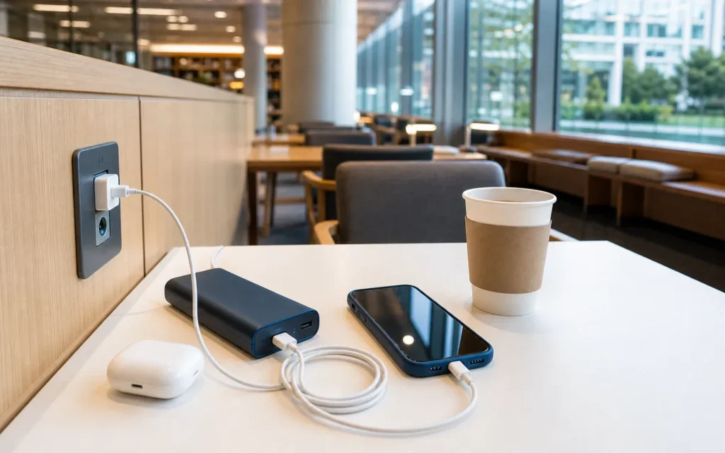 A phone, charger, and cafe table setup used by a traveler staying connected in Korea