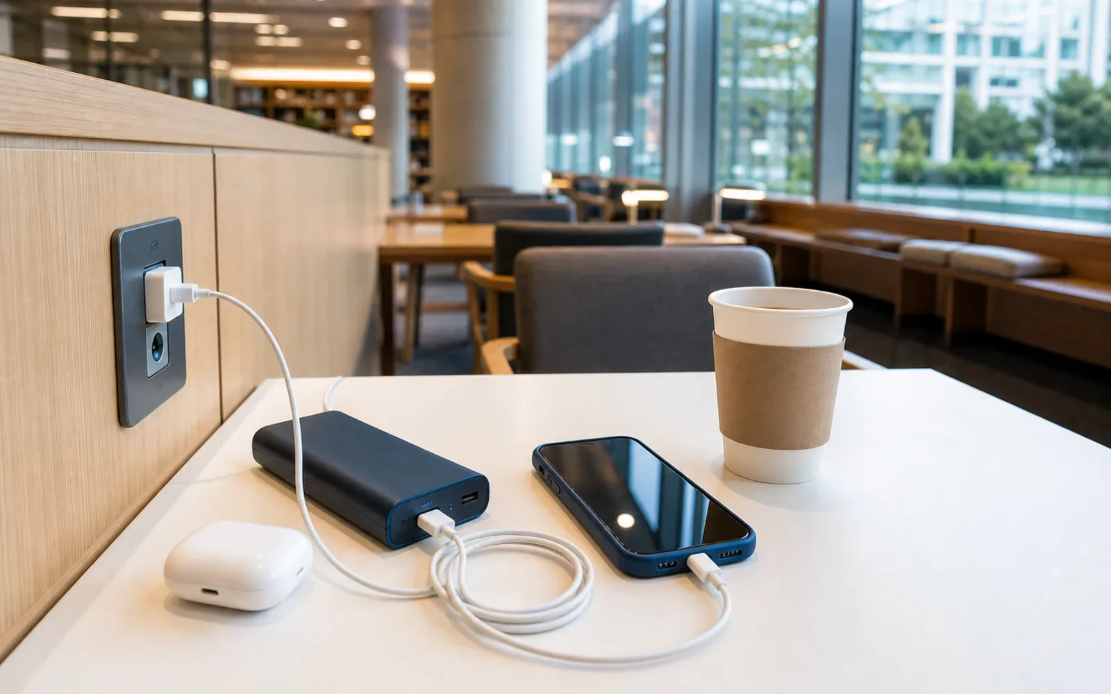 A phone, charger, and cafe table setup used by a traveler staying connected in Korea