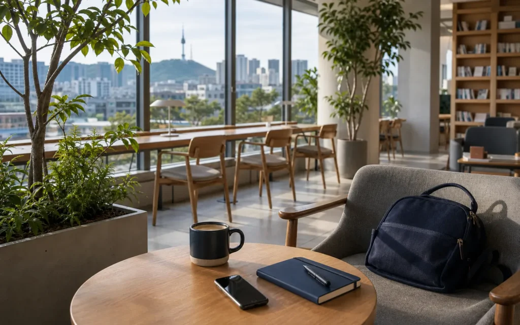 A quiet indoor seating area in Seoul with soft daylight and city plants