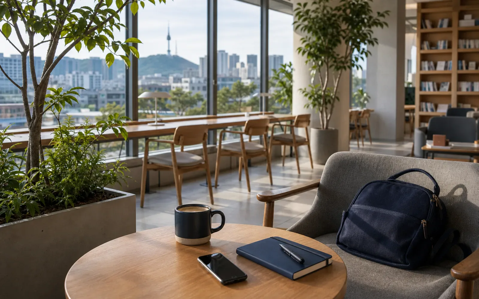A quiet indoor seating area in Seoul with soft daylight and city plants