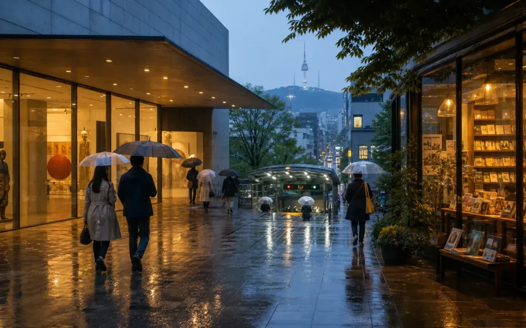 A rainy Seoul street with warm indoor lights and pedestrians carrying umbrellas