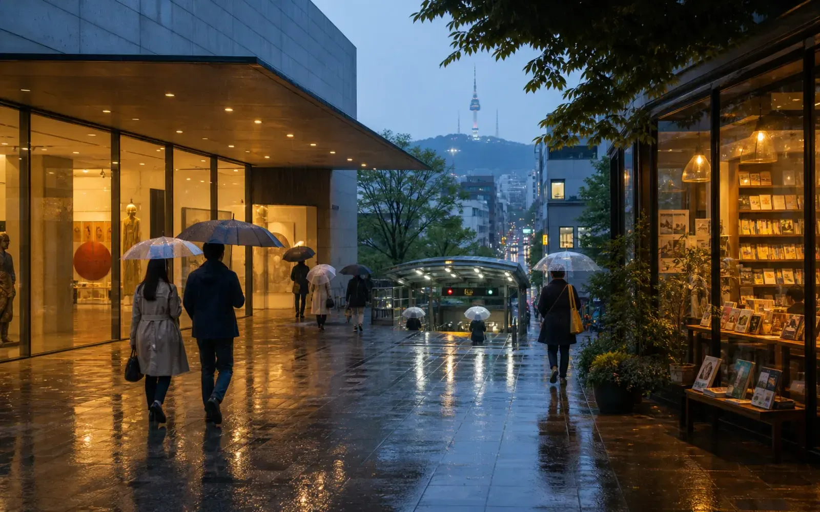 A rainy Seoul street with warm indoor lights and pedestrians carrying umbrellas