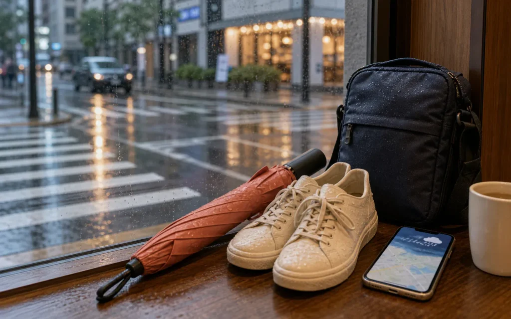Umbrellas and wet pavement in a Korean city street during rainy season