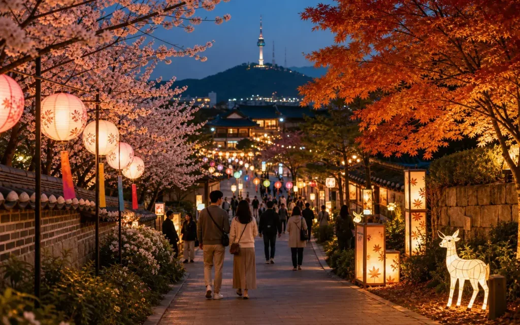 A seasonal festival walkway in Korea with soft lights and visitors in the background