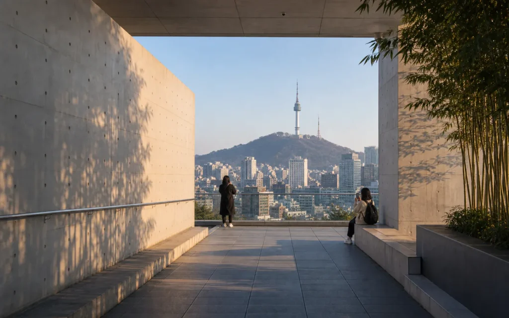 A quiet Seoul photo spot with city architecture and open walking space