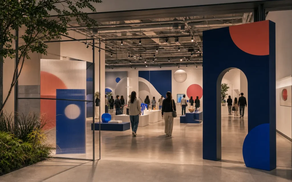 A stylish Seoul pop-up exhibition entrance with abstract displays and visitors