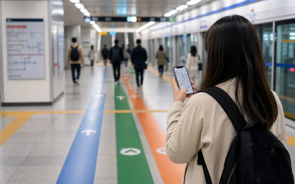 A Seoul subway platform with clear walking space and travelers checking directions