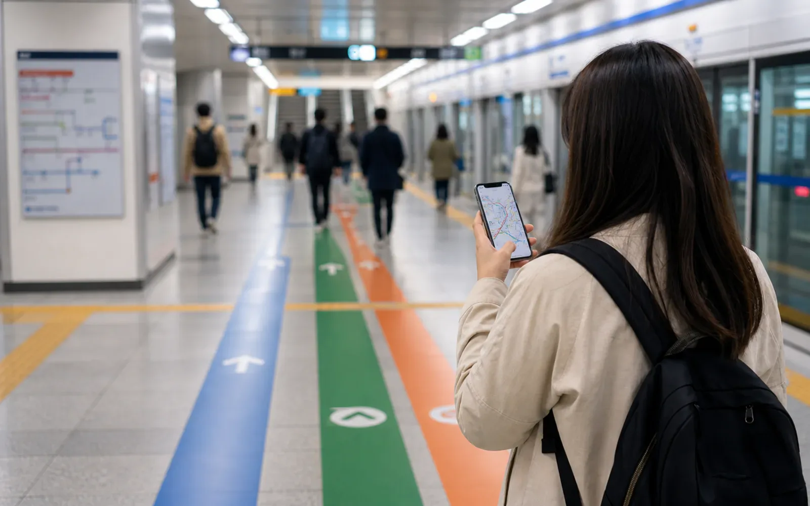 A Seoul subway platform with clear walking space and travelers checking directions