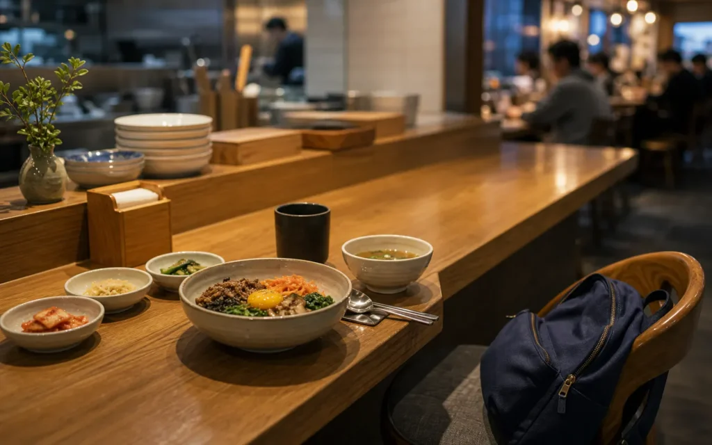 A comfortable solo dining counter in Seoul with a simple Korean meal
