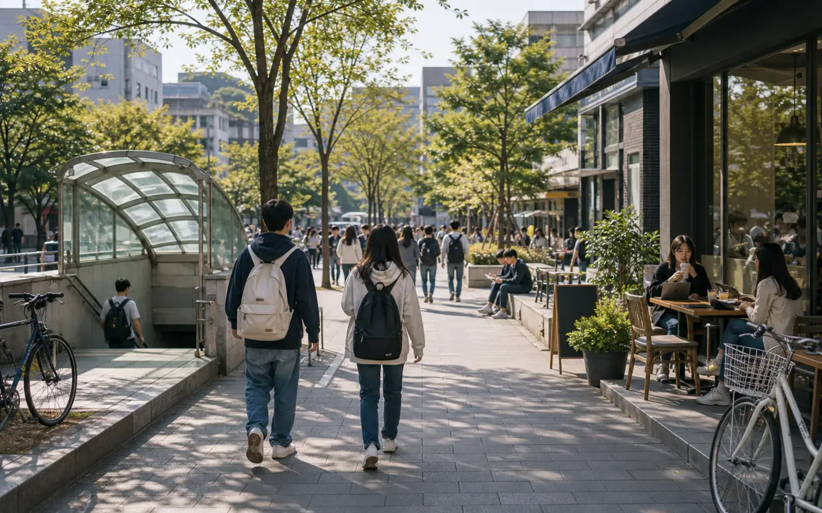 Young travelers walking through a budget-friendly Seoul street with cafes and transit nearby
