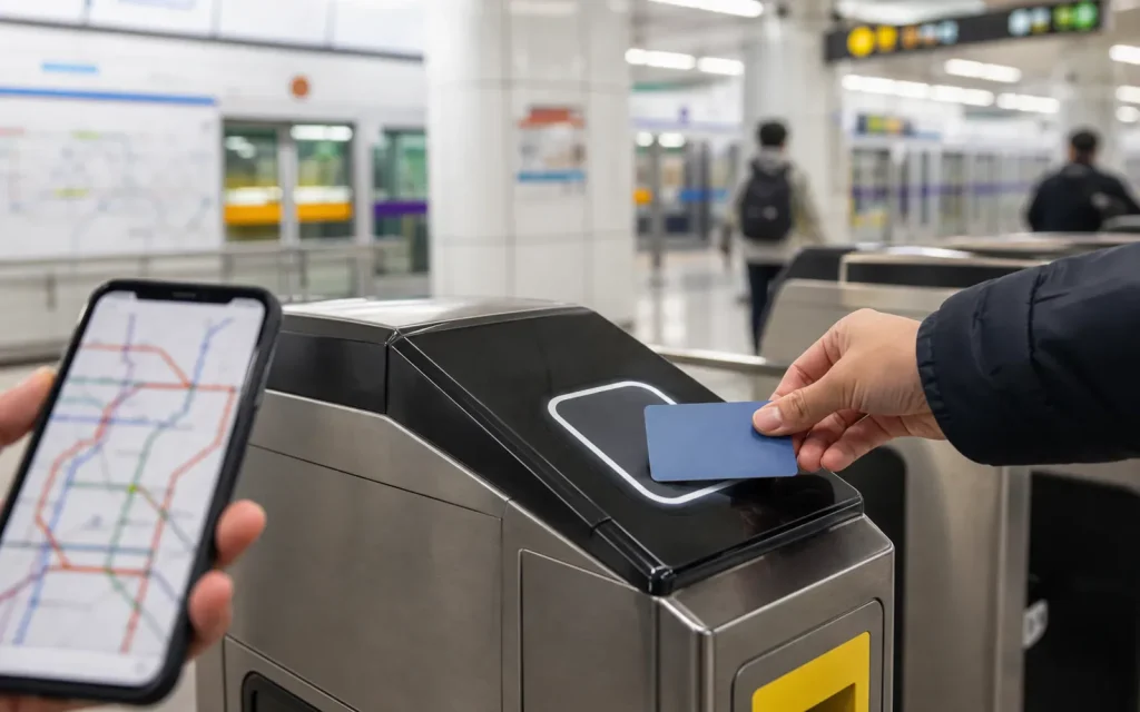 A transit card, phone map, and subway platform details arranged for a visitor in Korea