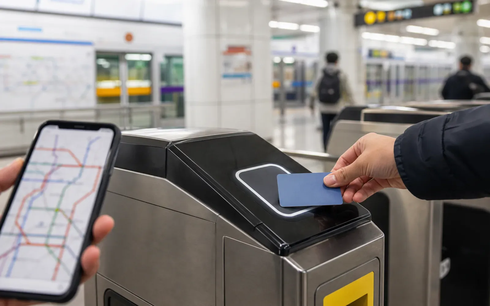 A transit card, phone map, and subway platform details arranged for a visitor in Korea