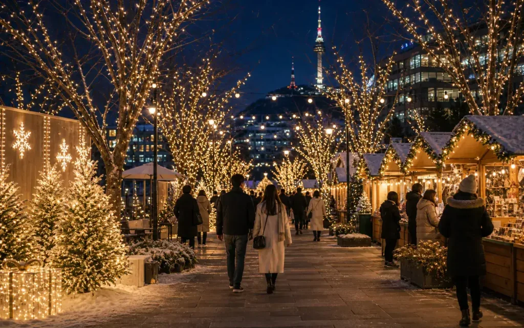 Winter lights in a Korean city square with visitors walking in warm coats