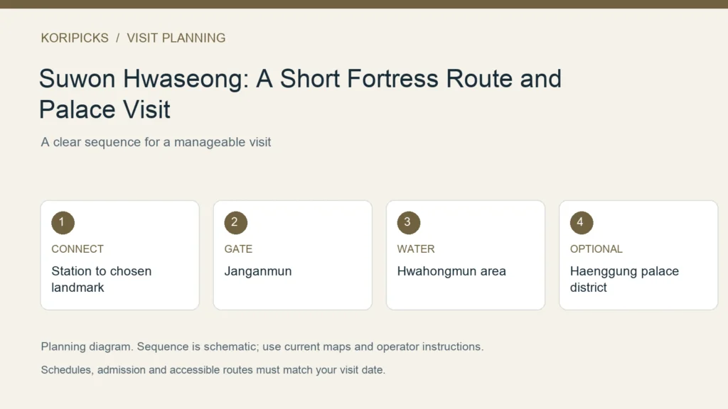 KoriPicks planning diagram: CONNECT: Station to chosen landmark; GATE: Janganmun; WATER: Hwahongmun area; OPTIONAL: Haenggung palace district