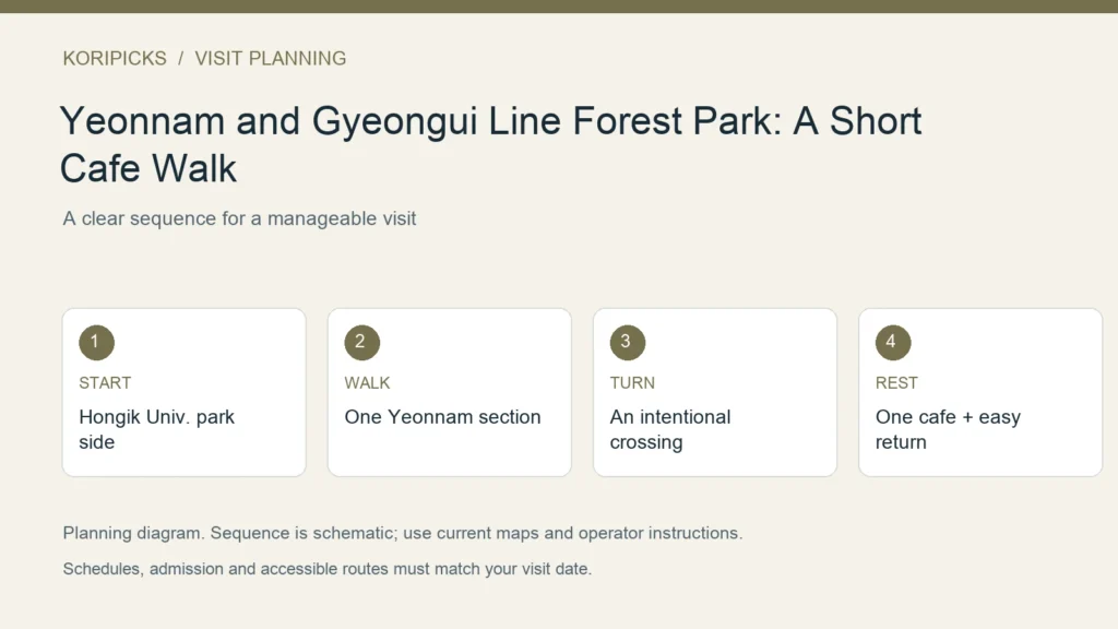 KoriPicks planning diagram: START: Hongik Univ. park side; WALK: One Yeonnam section; TURN: An intentional crossing; REST: One cafe + easy return